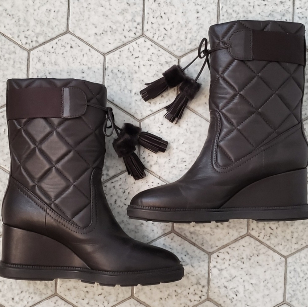 Aquatalia Shearling Waterproof Quilted Leather Wedge Boots - Dark Brown